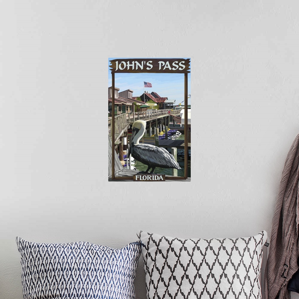 A bohemian room featuring Retro stylized art poster of a pelican perched on the railing of a dock, with dockside huts in th...