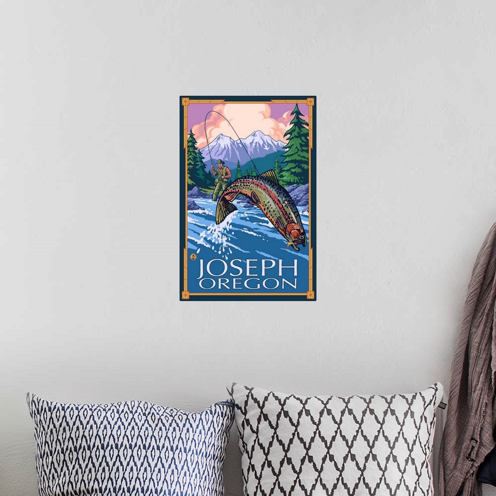 A bohemian room featuring Joseph, Oregon - Fisherman: Retro Travel Poster
