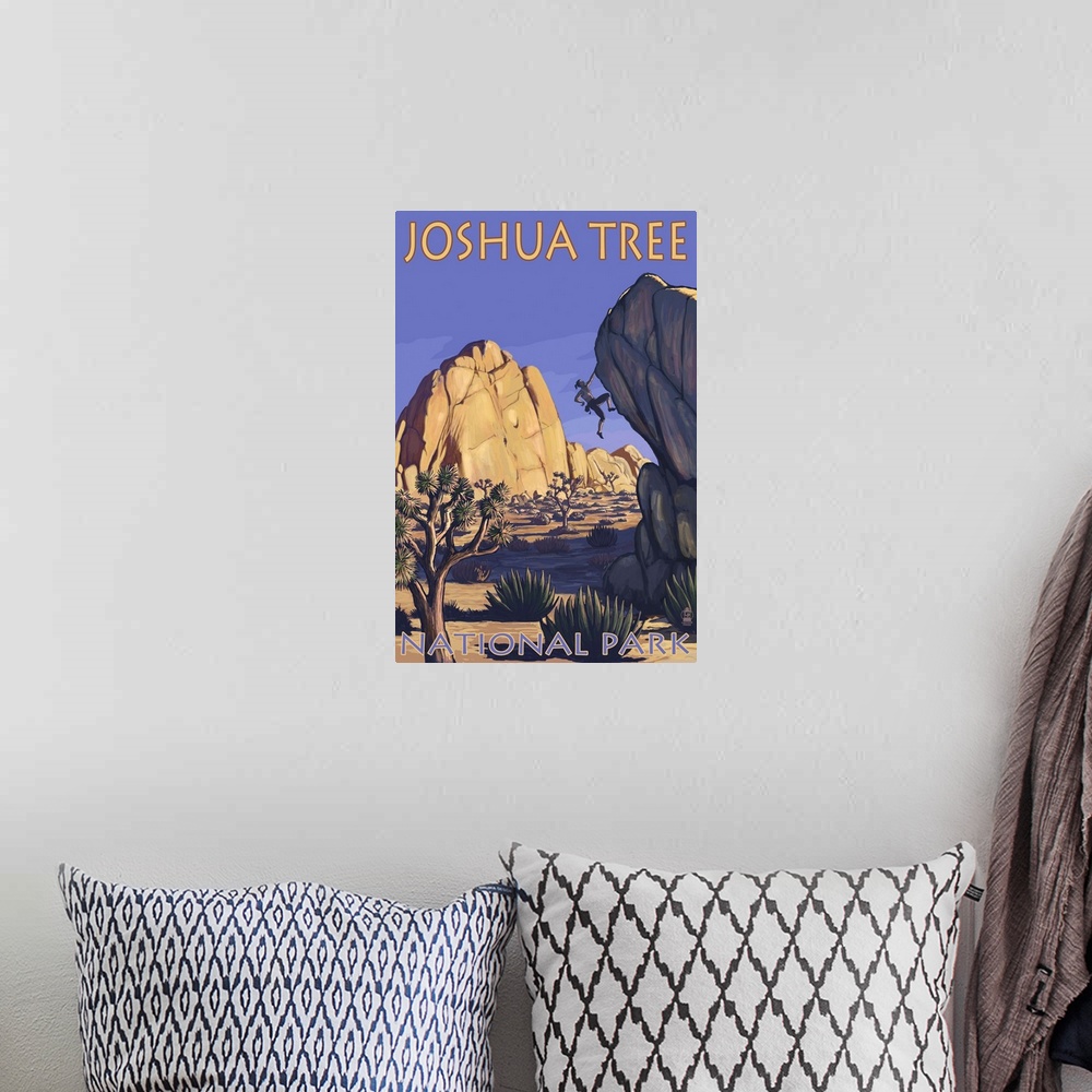 A bohemian room featuring Joshua Tree National Park, CA - Boulder Climber: Retro Travel Poster