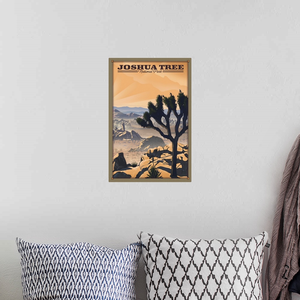 A bohemian room featuring Joshua Tree National Park, Natural Landscape: Retro Travel Poster