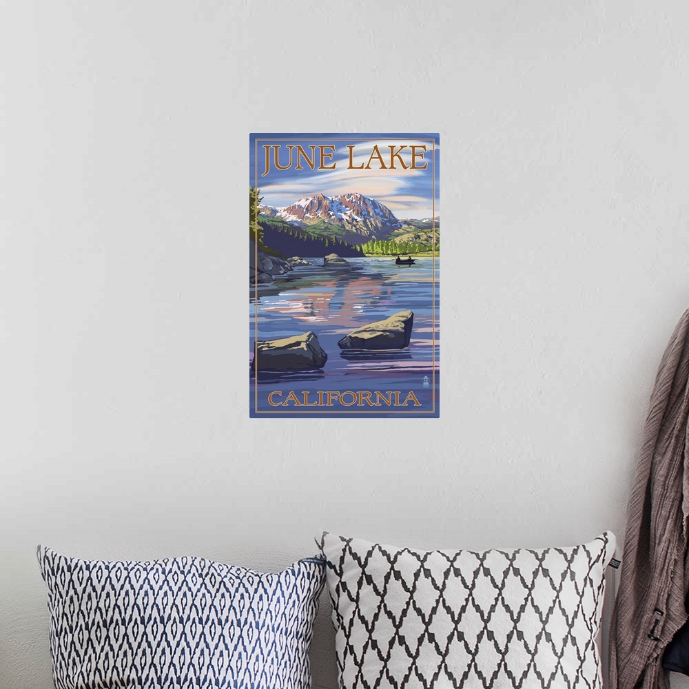 A bohemian room featuring June Lake, California Scene with Sierra Wave: Retro Travel Poster