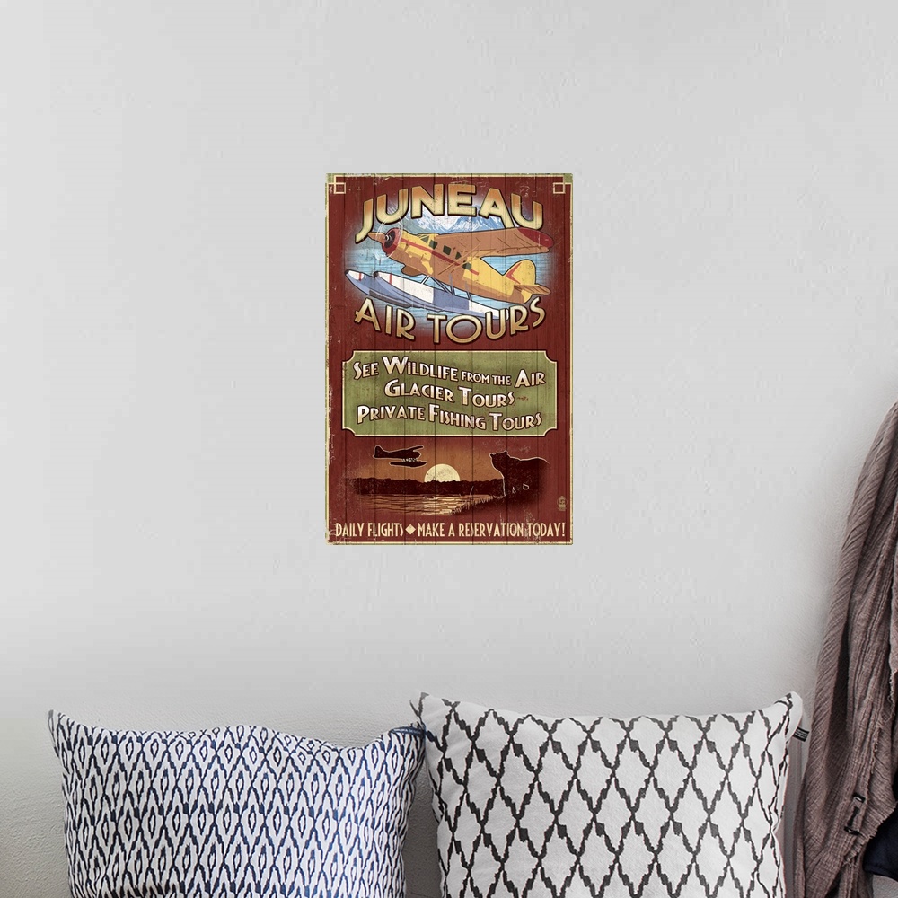 A bohemian room featuring Retro stylized art poster of a vintage sign advertising seaplane tours, with a yellow seaplane in...