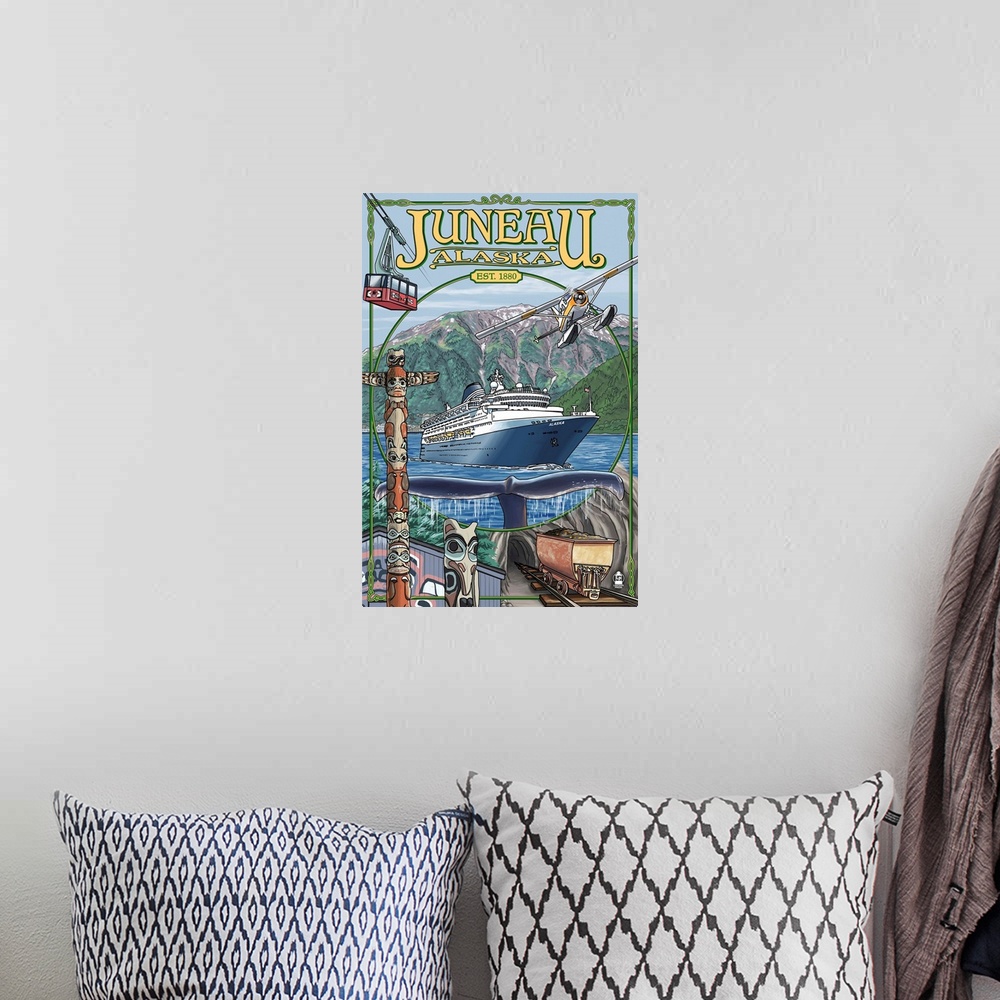 A bohemian room featuring Juneau, Alaska Views: Retro Travel Poster