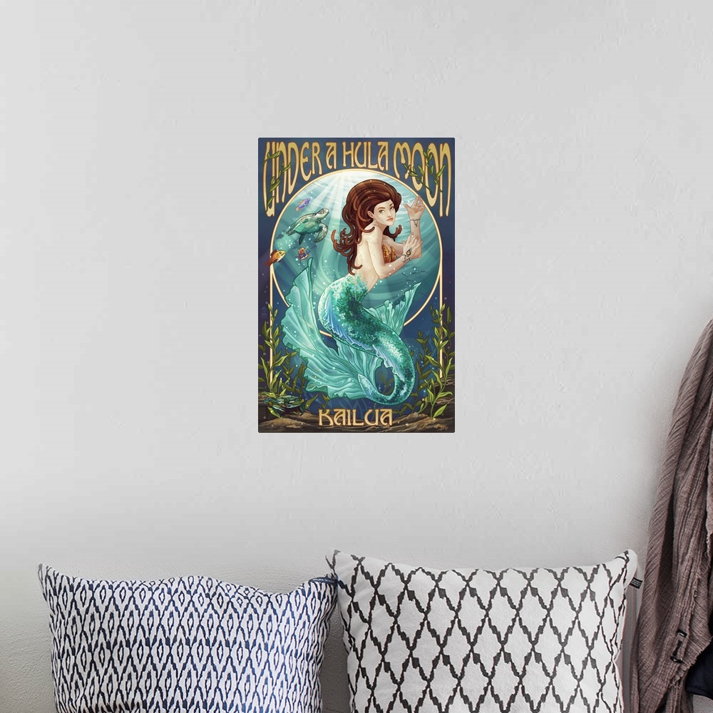 A bohemian room featuring Kailua, Hawaii - Under a Hula Moon - Mermaid: Retro Travel Poster