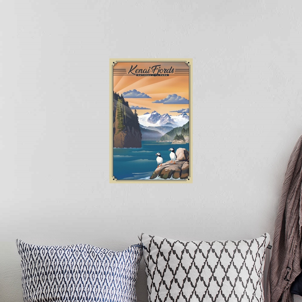 A bohemian room featuring Kenai Fjords National Park, Puffins: Retro Travel Poster