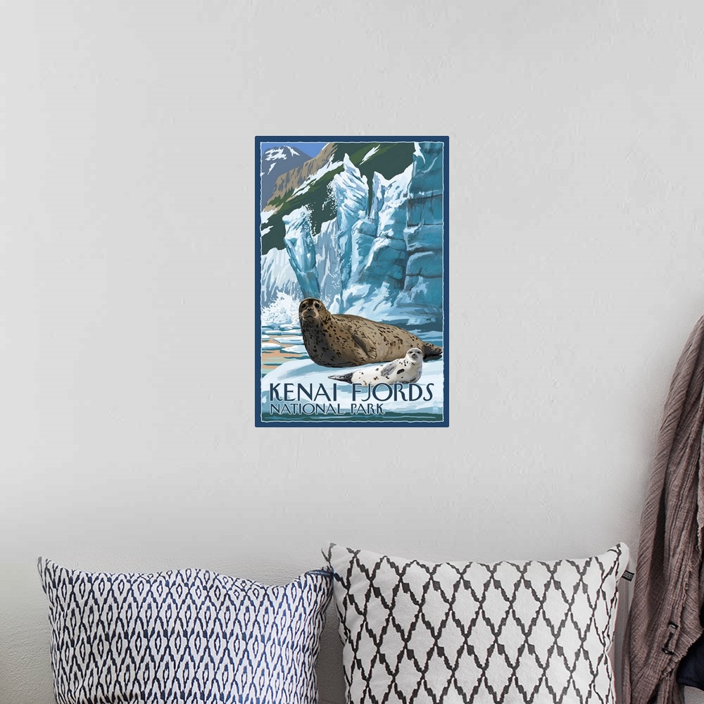 A bohemian room featuring Kenai Fjords National Park, Sea Lion: Retro Travel Poster