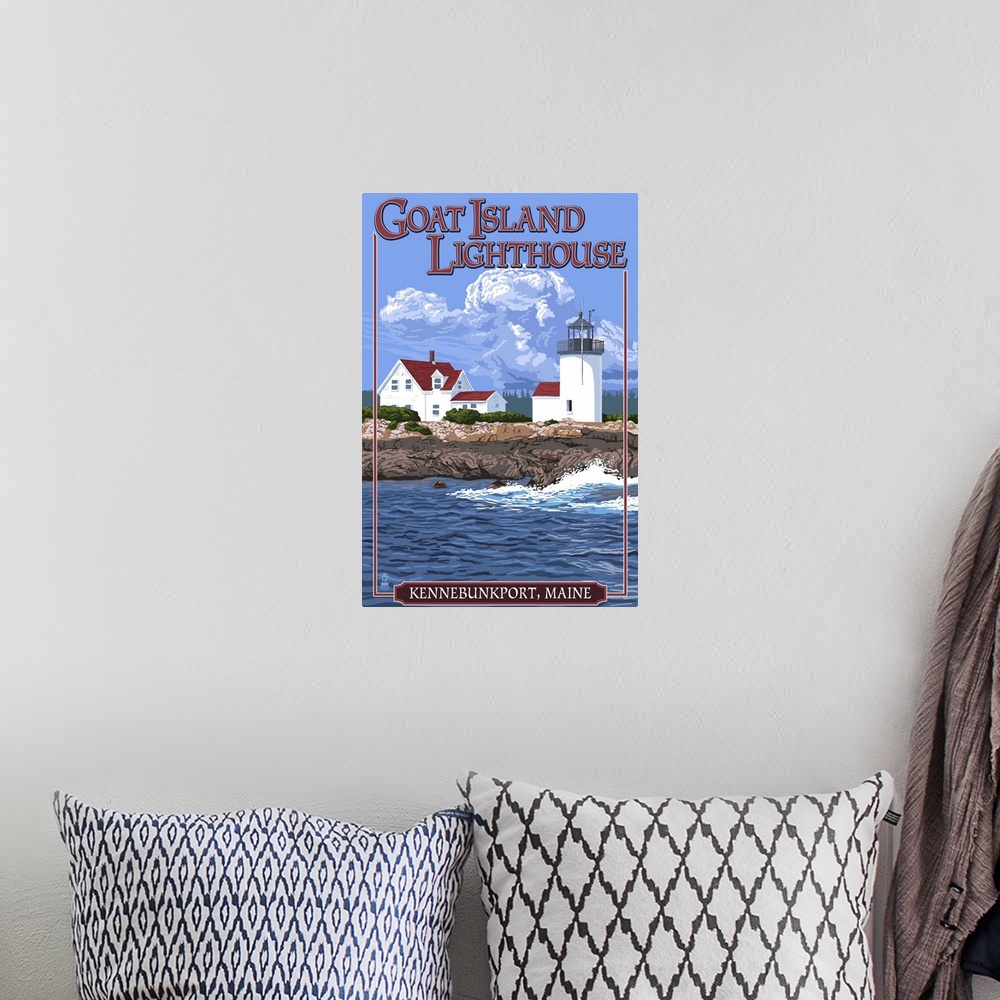 A bohemian room featuring Retro stylized art poster of a lighthouse and coastal house near the waters edge. With a giant ro...