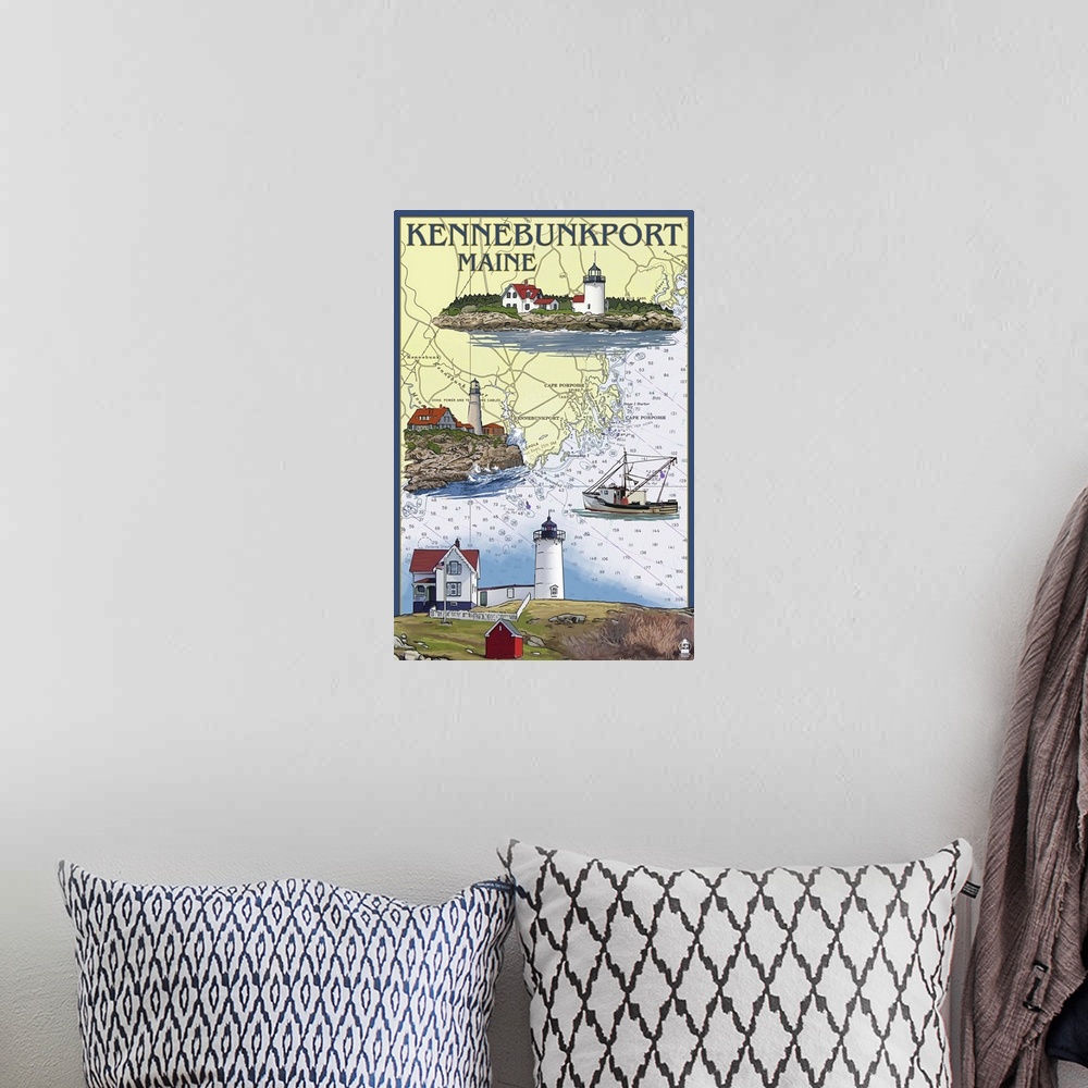 A bohemian room featuring Retro stylized art poster of a montage of images against a background of a map.