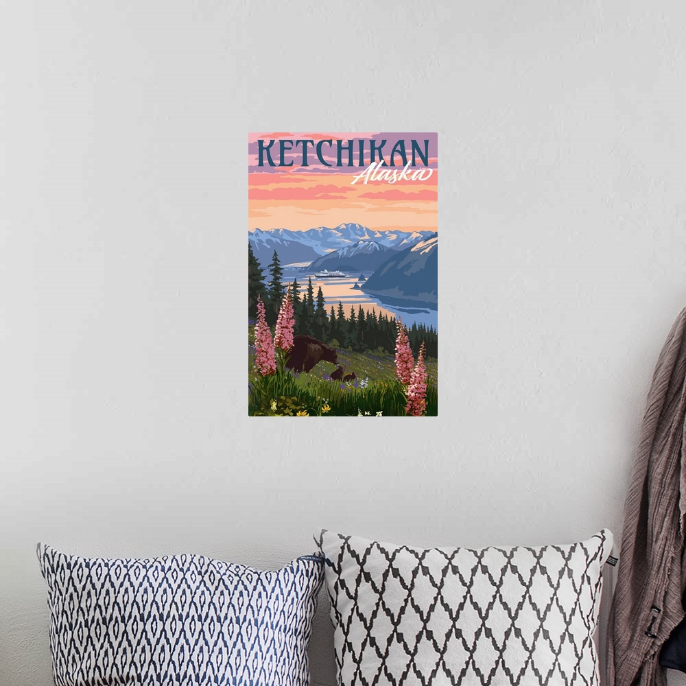 A bohemian room featuring Ketchikan, Alaska - Bear & Spring Flowers