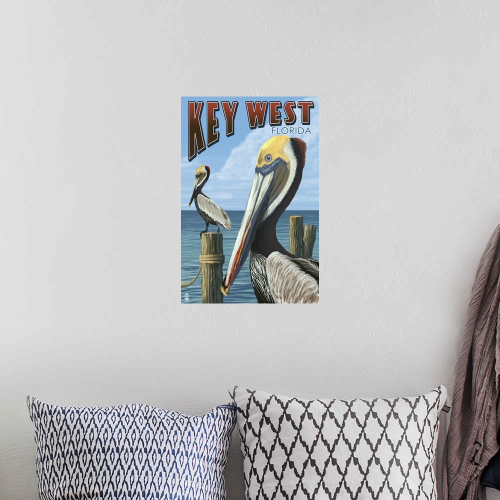 A bohemian room featuring Key West, Florida - Brown Pelican: Retro Travel Poster