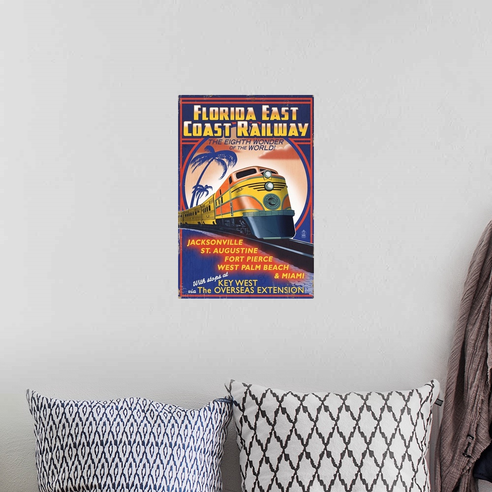A bohemian room featuring Key West, Florida - East Coast Railway: Retro Travel Poster