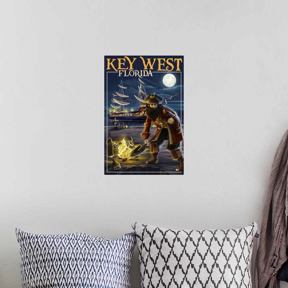 A bohemian room featuring Retro stylized art poster of a pirate standing with a treasure on a beach at night. With a ship i...