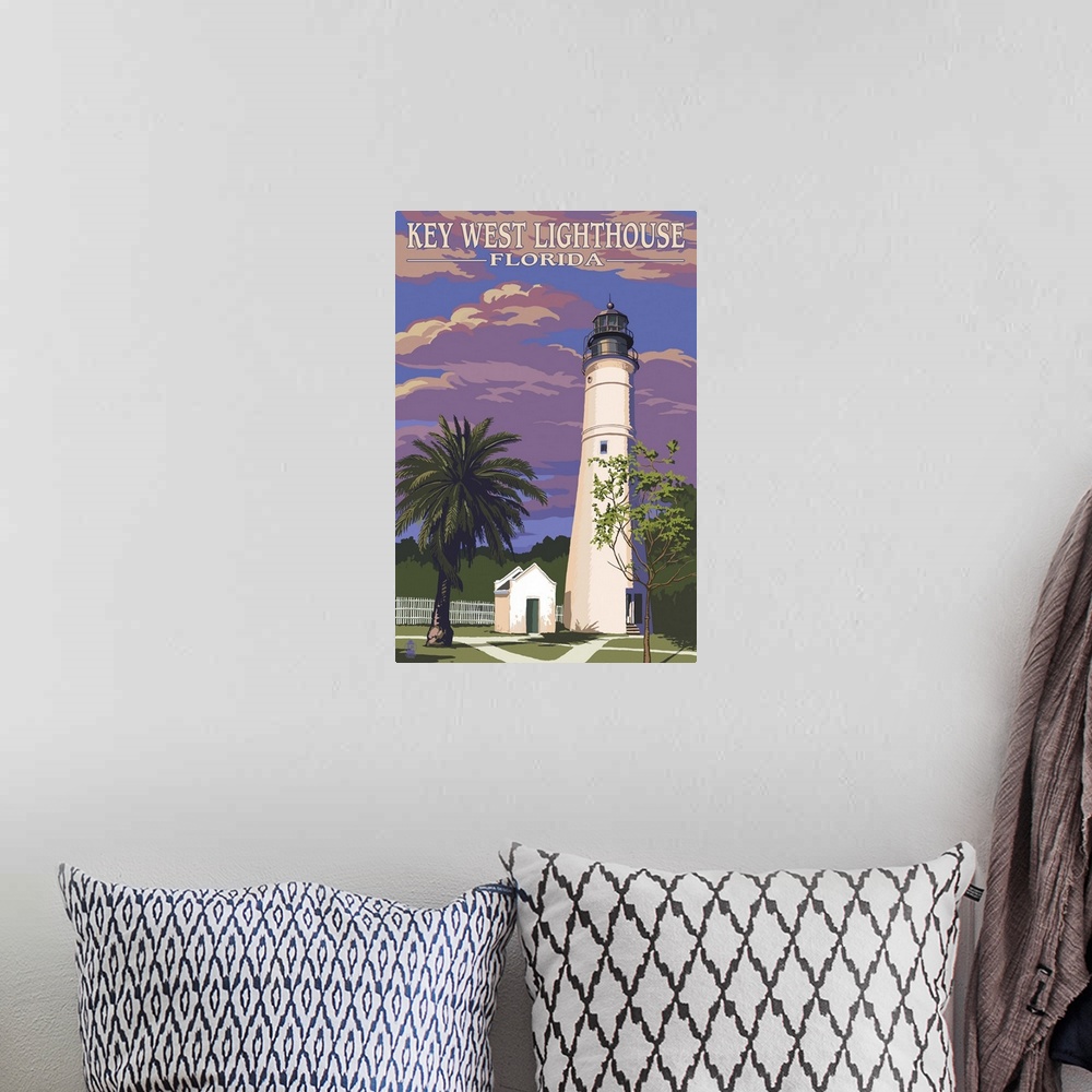 A bohemian room featuring Key West Lighthouse, Florida Sunset Scene: Retro Travel Poster