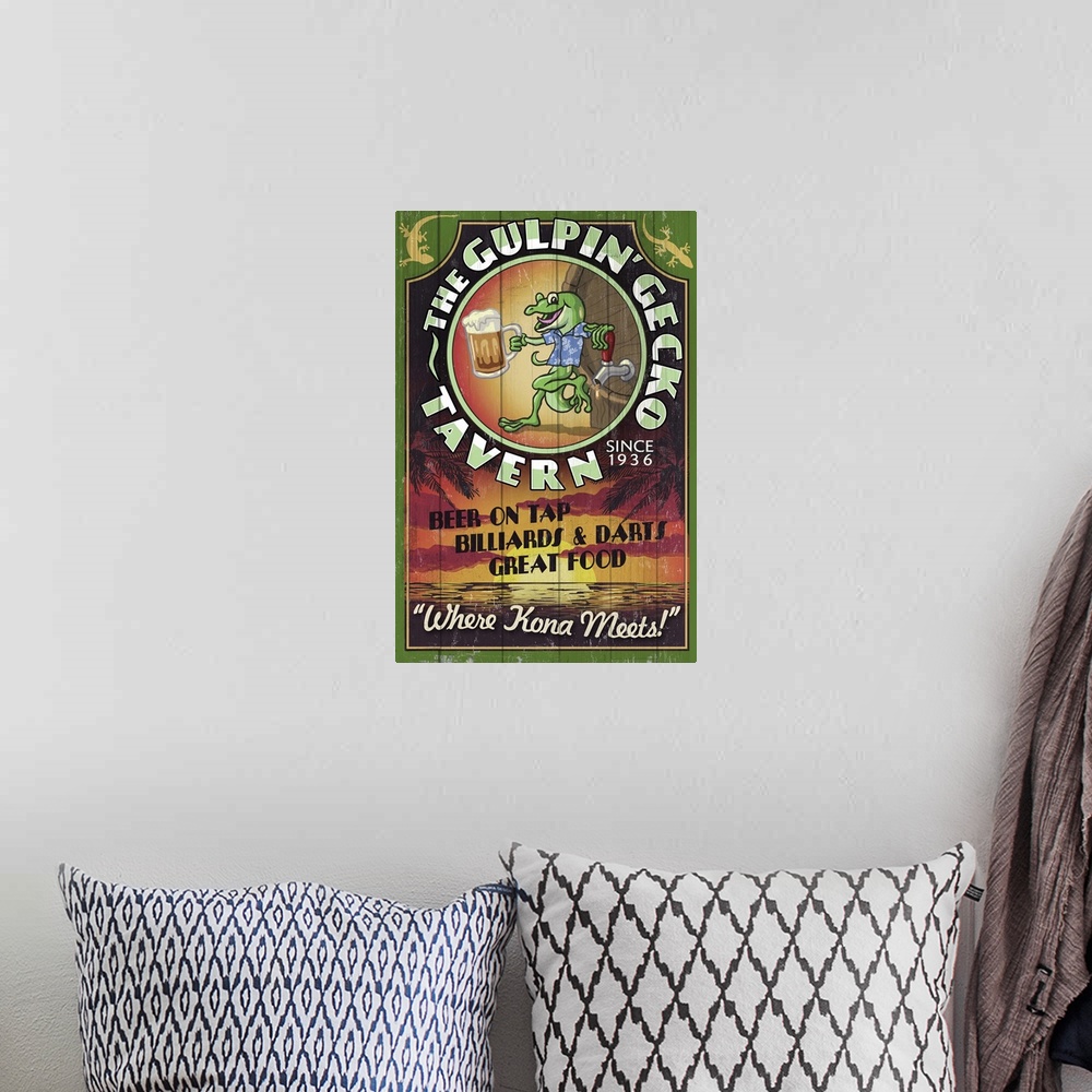 A bohemian room featuring Retro stylized art poster of sign for a beer, with an illustrated gecko holding a beer mug.