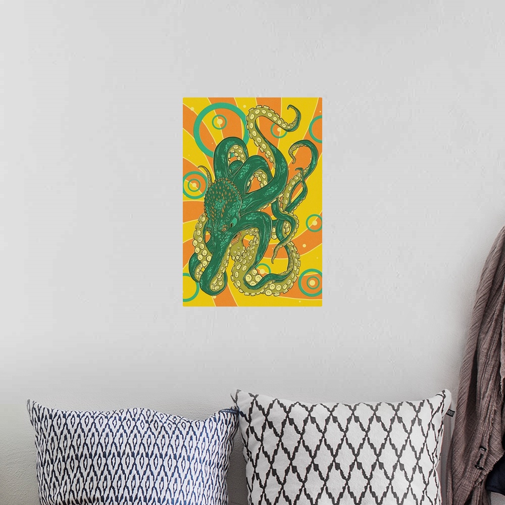 A bohemian room featuring Kraken - Letterpress: Retro Poster Art