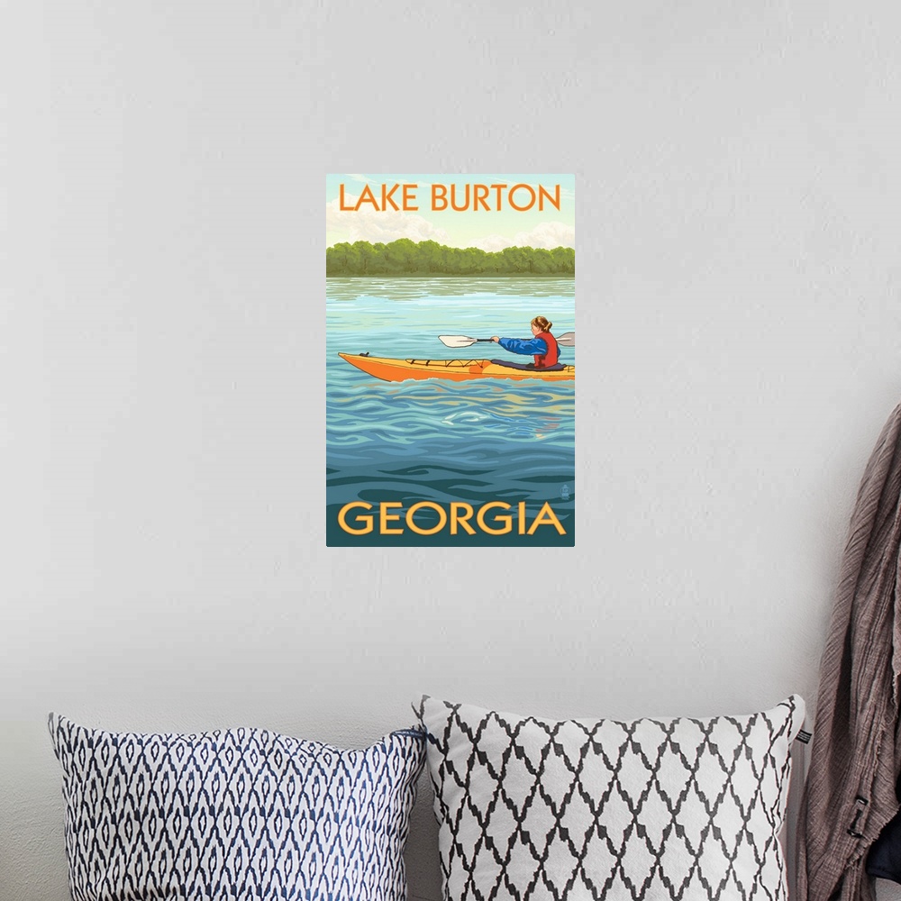 A bohemian room featuring Retro stylized art poster of a woman in a kayak paddling in clear blue water.