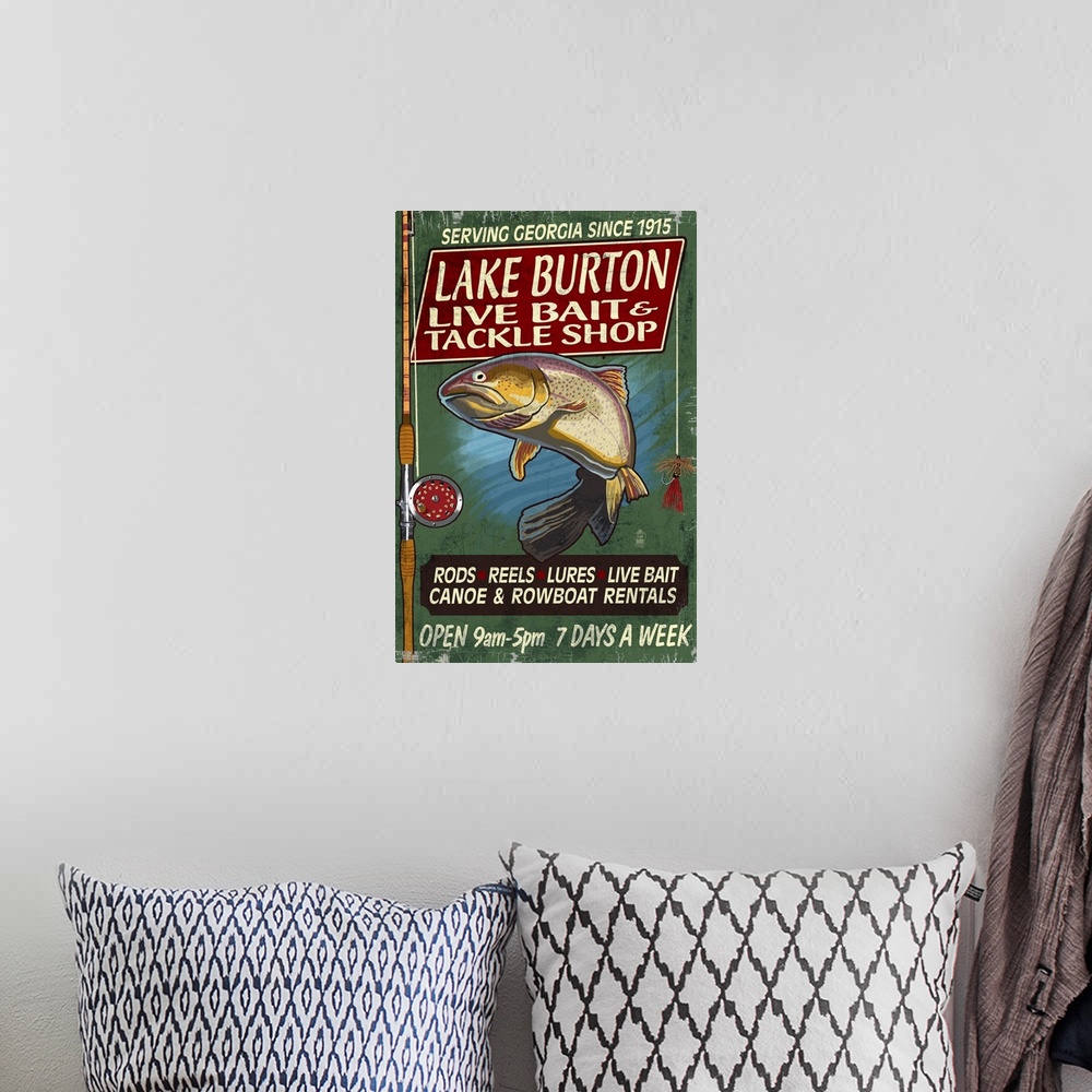 A bohemian room featuring Lake Burton, Georgia - Tackle Shop Trout Vintage Sign: Retro Travel Poster