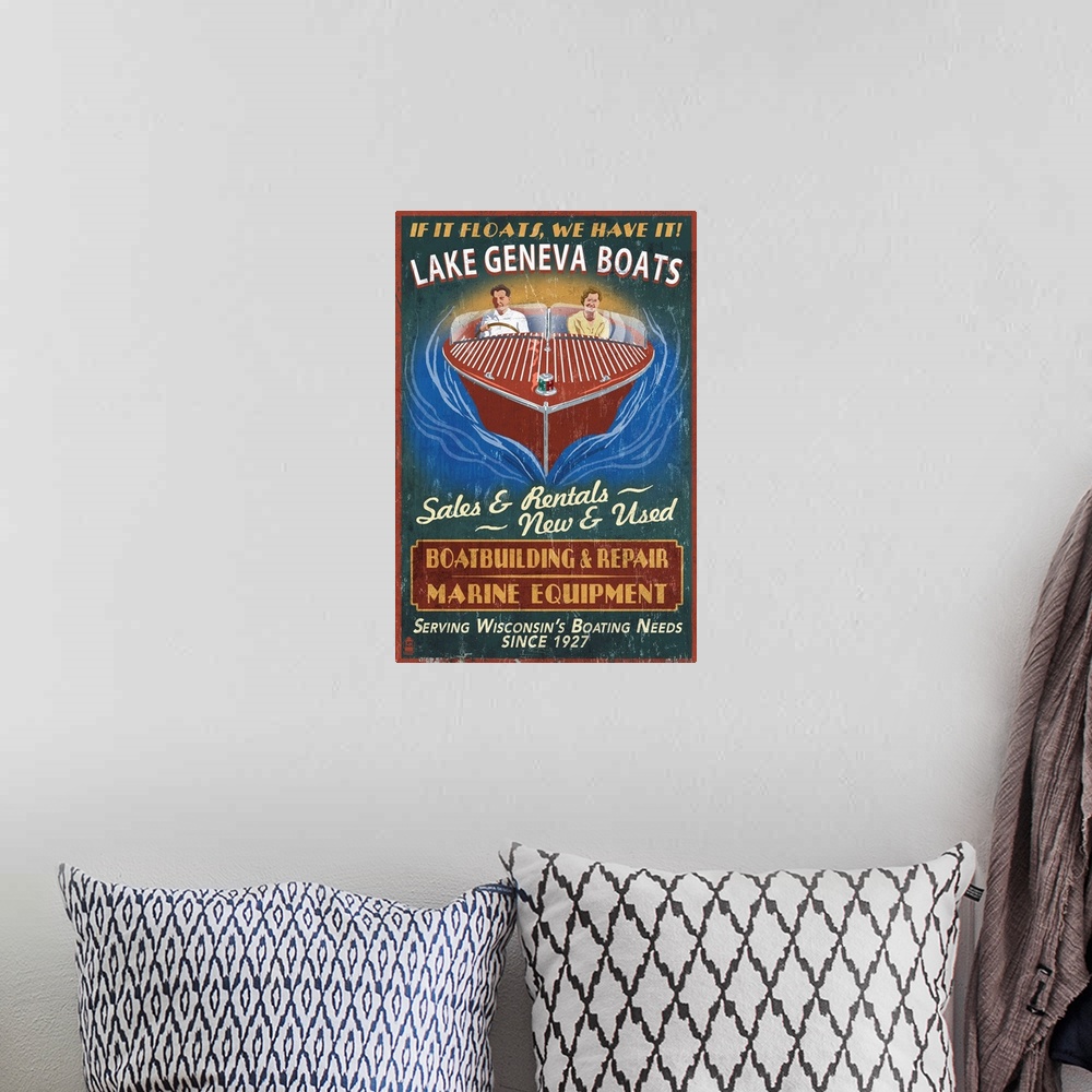 A bohemian room featuring Lake Geneva, Wisconsin - Boat Shop Vintage Sign: Retro Travel Poster