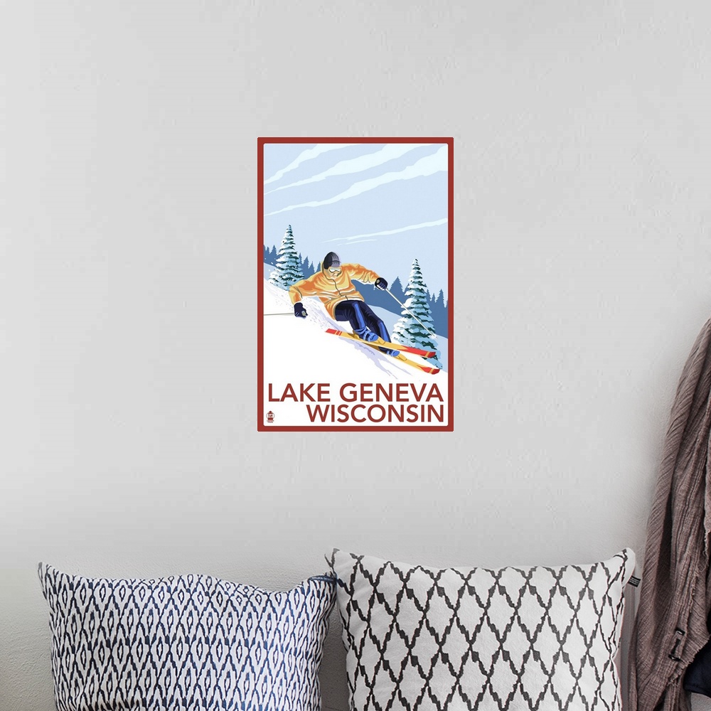 A bohemian room featuring Lake Geneva, Wisconsin - Downhill Skier: Retro Travel Poster
