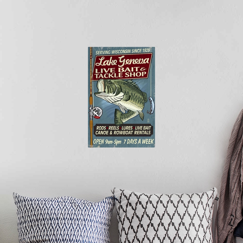 A bohemian room featuring Lake Geneva, Wisconsin - Tackle Shop Bass Vintage Sign: Retro Travel Poster