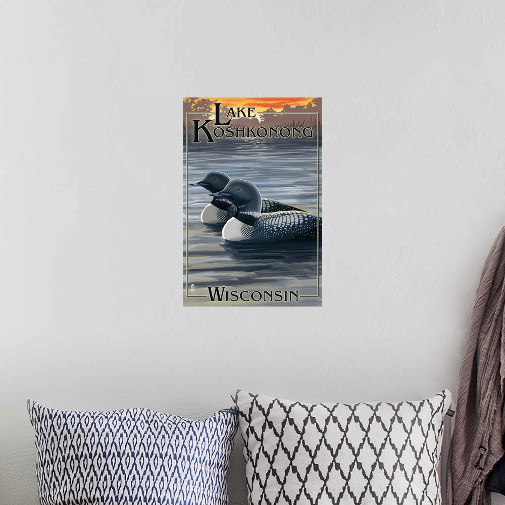 A bohemian room featuring Lake Koshkonong, Wisconsin - Loons: Retro Travel Poster