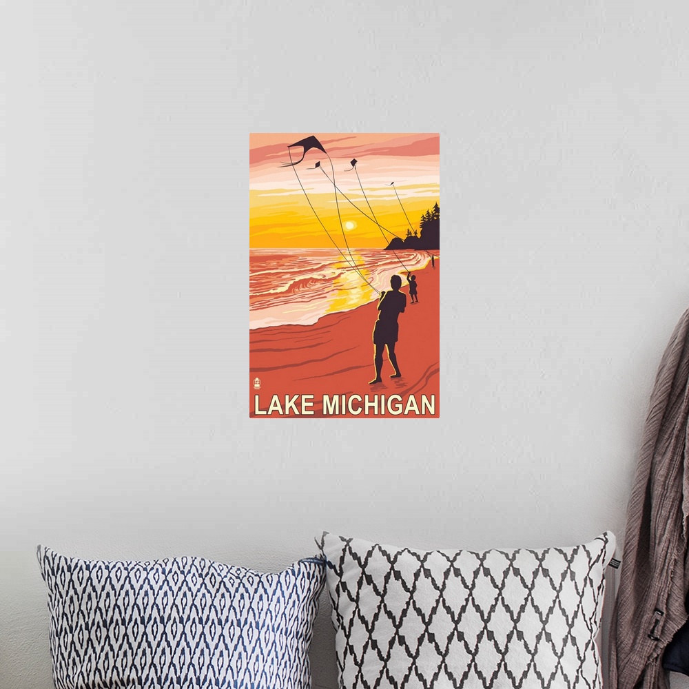 A bohemian room featuring Retro stylized art poster of silhouetted people flying kites on the beach at sunset.