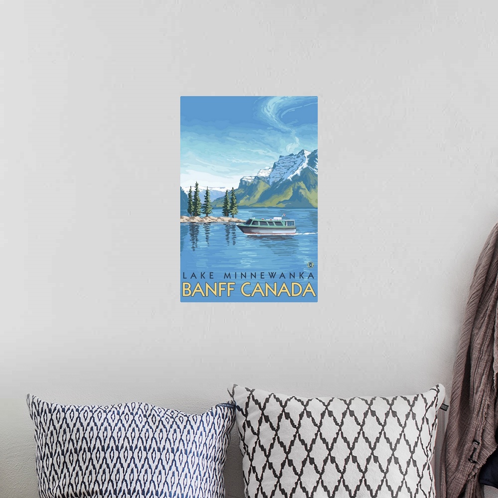 A bohemian room featuring Lake Minnewanka, Banff, Canada: Retro Travel Poster