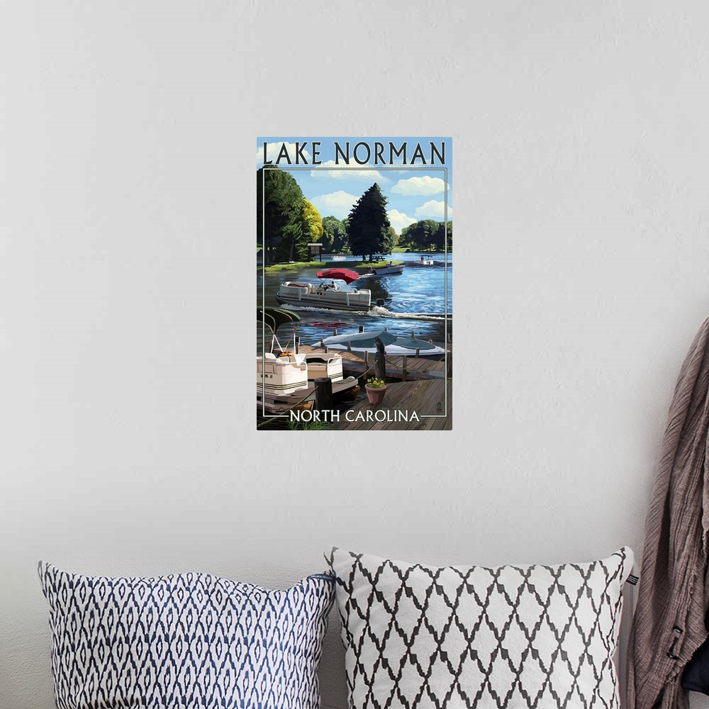 A bohemian room featuring Lake Norman, North Carolina - Pontoon Boats: Retro Travel Poster