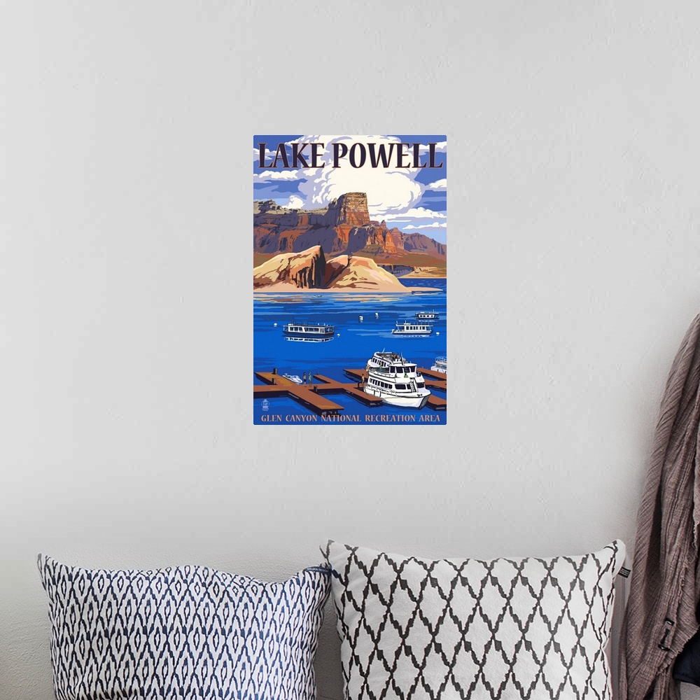 A bohemian room featuring Lake Powell Marina View: Retro Travel Poster