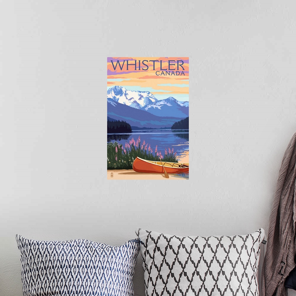 A bohemian room featuring Lake Scene and Canoe - Whistler, Canada: Retro Travel Poster