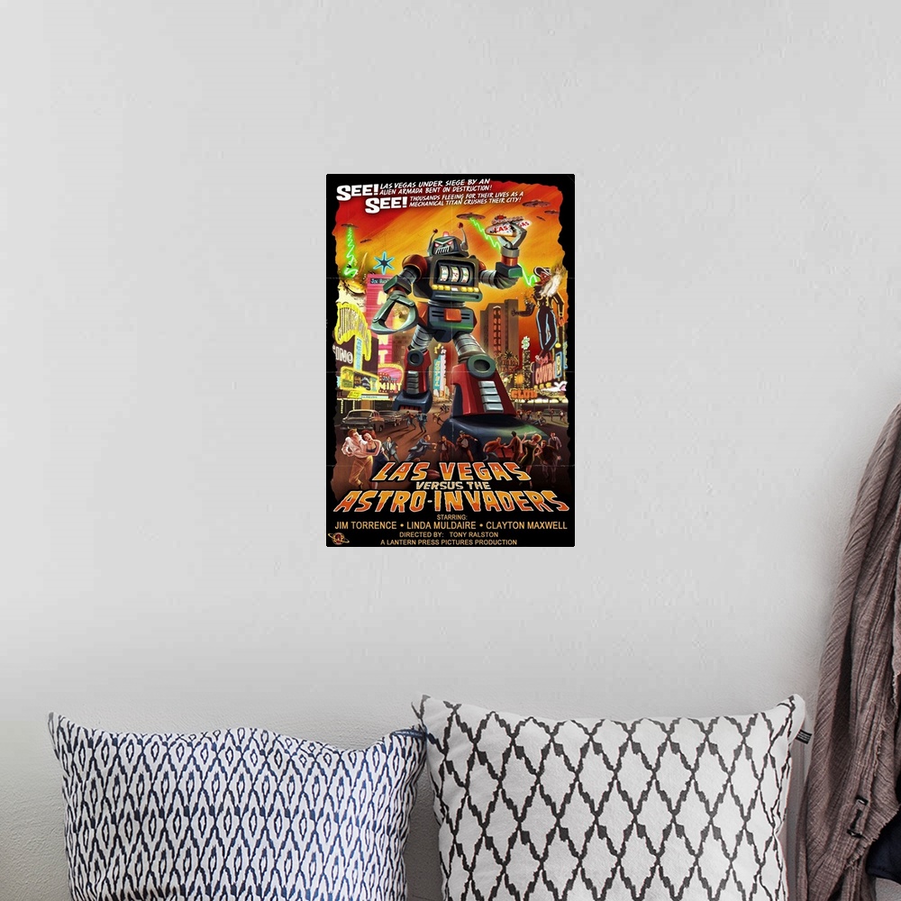 A bohemian room featuring Retro stylized art poster of robot space invader terrorizing a city.