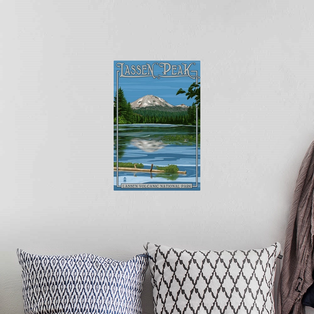 A bohemian room featuring Lassen Peak and Manzanita Lake: Retro Travel Poster