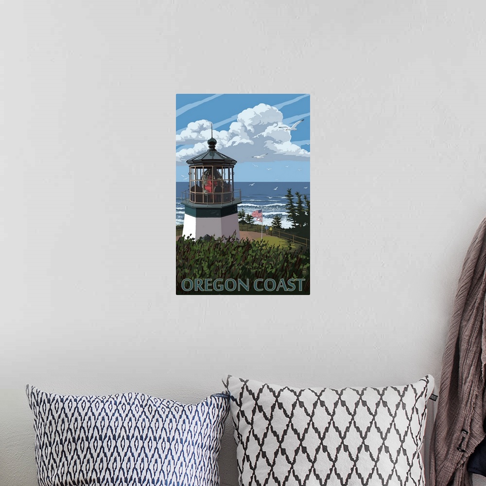 A bohemian room featuring Retro stylized art poster of a lighthouse and a blue ocean in the background, with fluffy clouds ...