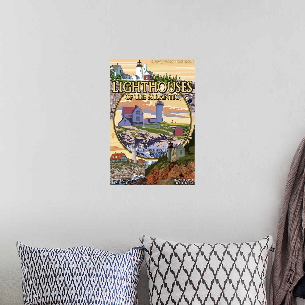 A bohemian room featuring Lighthouses of Maine Montage: Retro Travel Poster