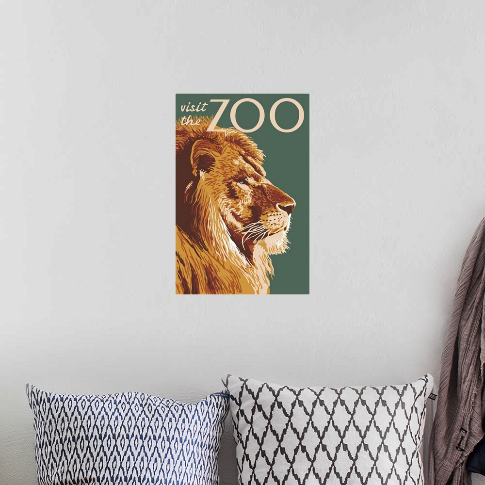 A bohemian room featuring Lion Up Close - Visit the Zoo: Retro Travel Poster