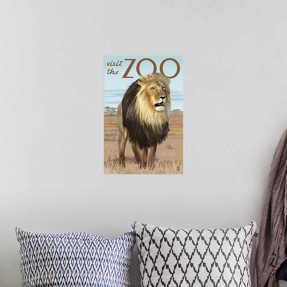 A bohemian room featuring Lion - Visit the Zoo: Retro Travel Poster