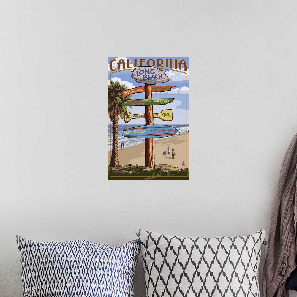 A bohemian room featuring Long Beach, California - Destination Sign: Retro Travel Poster