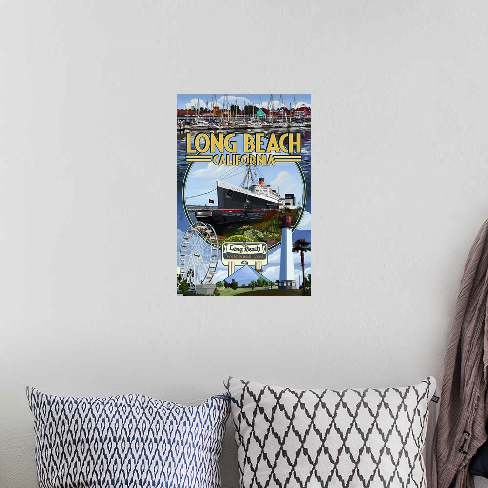 A bohemian room featuring Long Beach, California - Montage 2: Retro Travel Poster