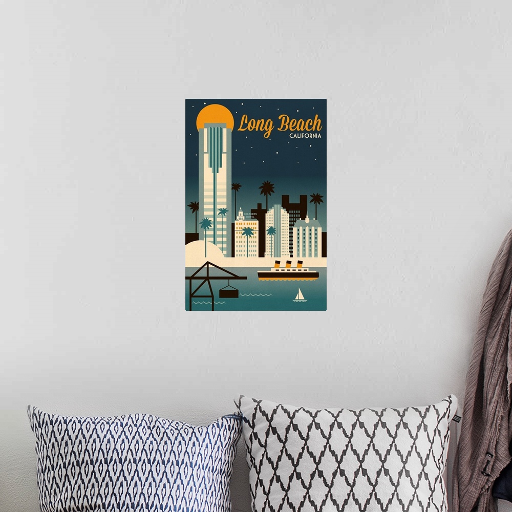 A bohemian room featuring Long Beach, California - Retro Skyline Classic Series