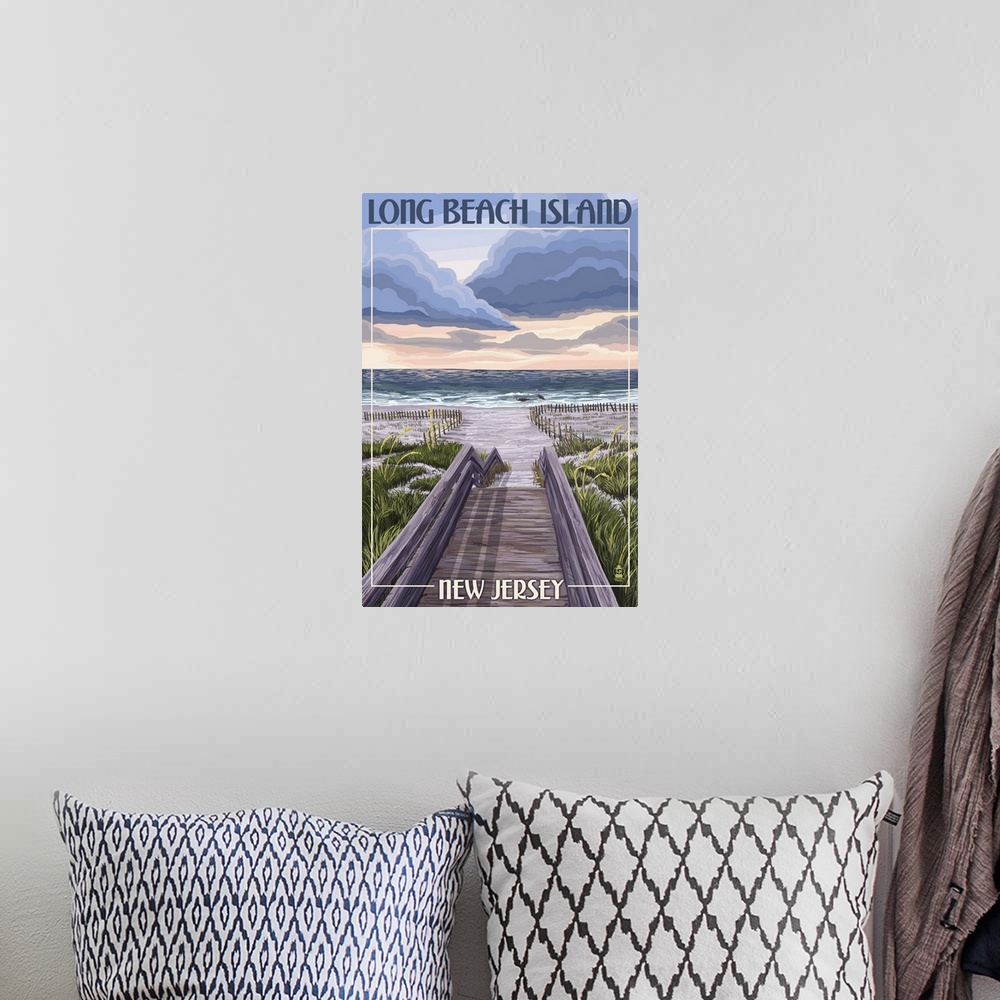 A bohemian room featuring Long Beach Island, New Jersey - Beach Boardwalk Scene: Retro Travel Poster