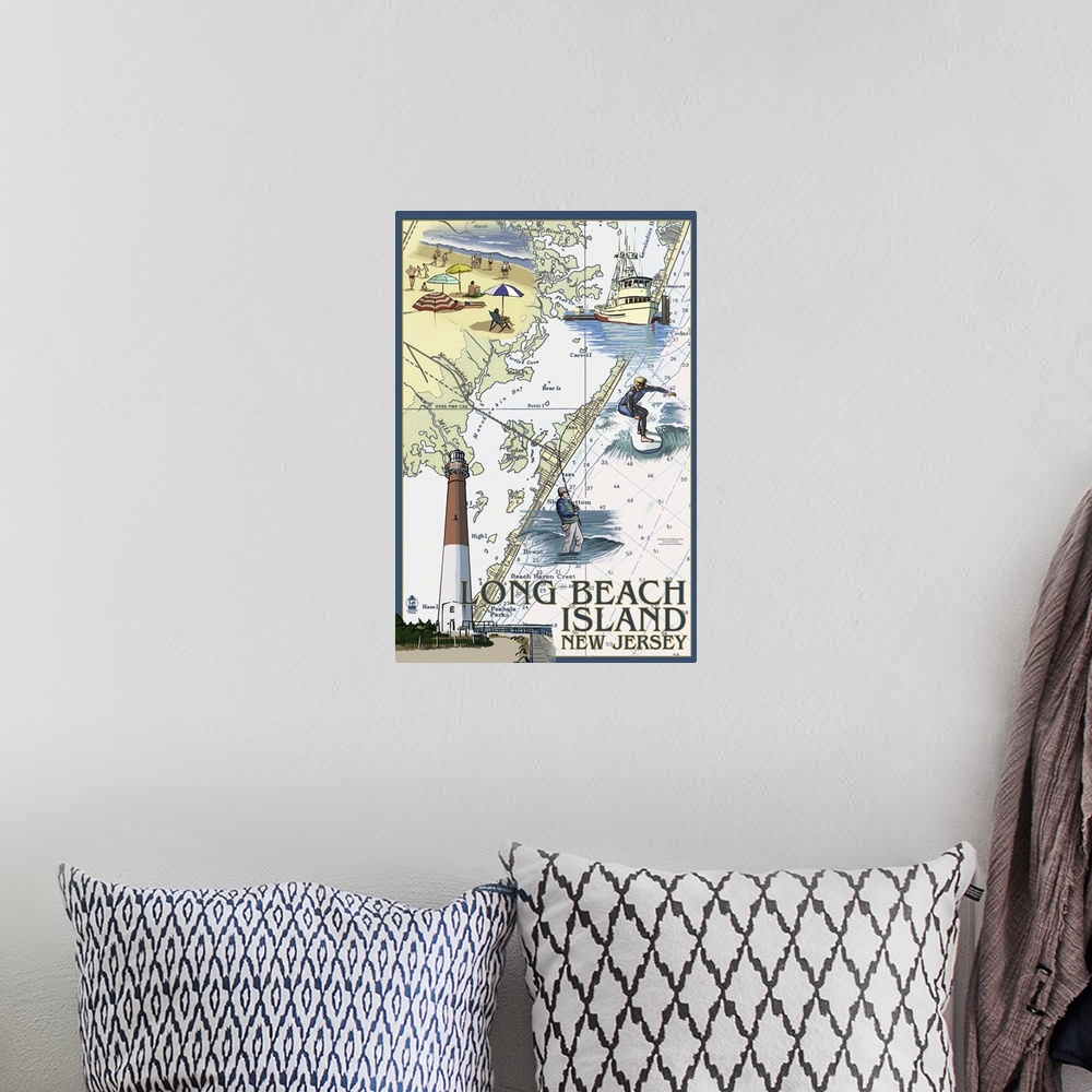 A bohemian room featuring Long Beach Island, New Jersey - Nautical Chart: Retro Travel Poster
