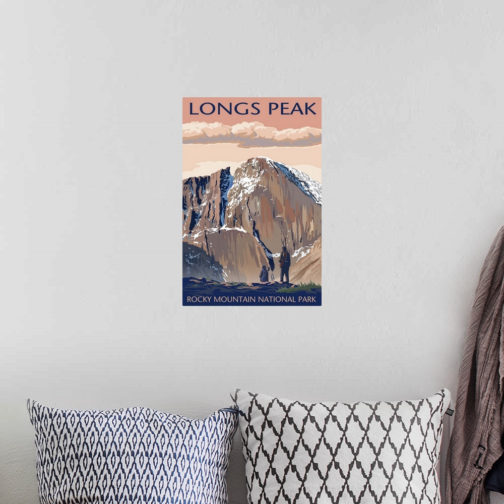 A bohemian room featuring Retro stylized art poster of two hikers gazing out over a mountainous valley.
