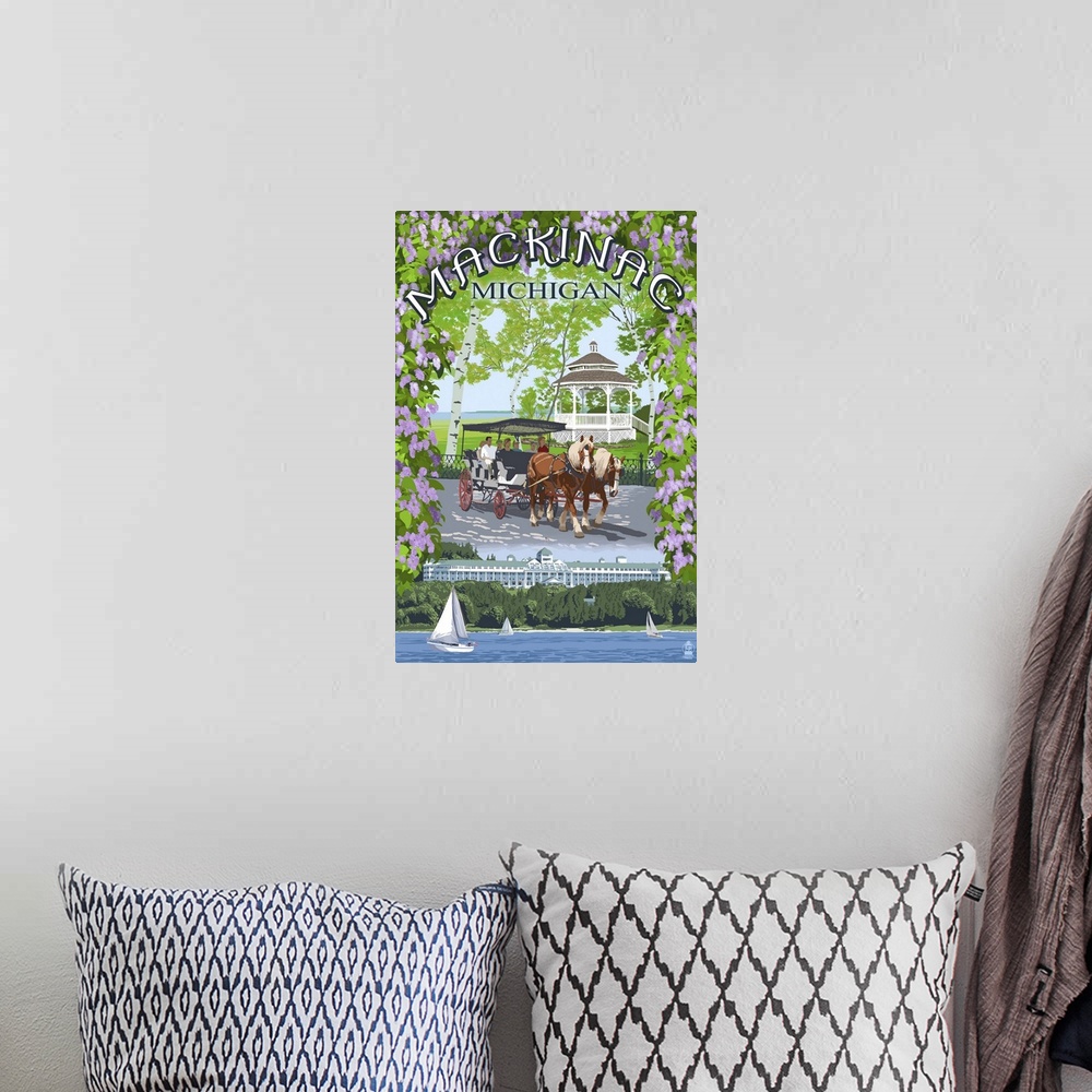 A bohemian room featuring Retro stylized art poster of a horse drawn carriage near a gazebo, with a coastal scene at the bo...