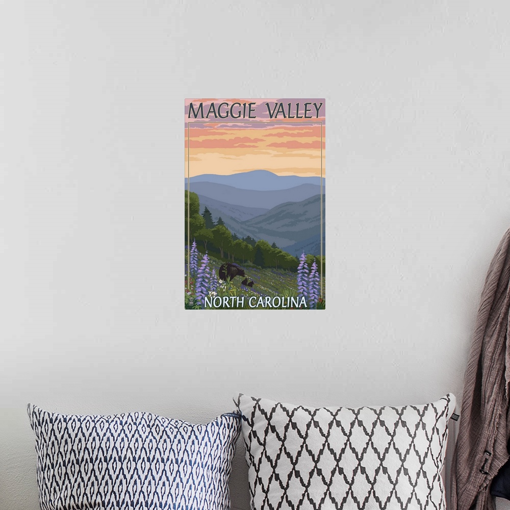 A bohemian room featuring Maggie Valley, North Carolina - Bear Family and Spring Flowers: Retro Travel Poster