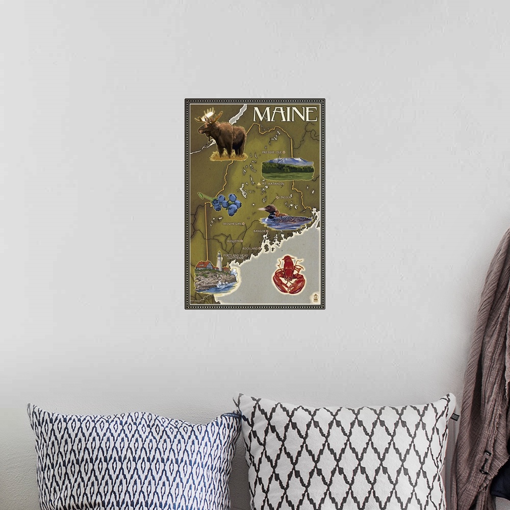 A bohemian room featuring Maine Map and Icons: Retro Travel Poster