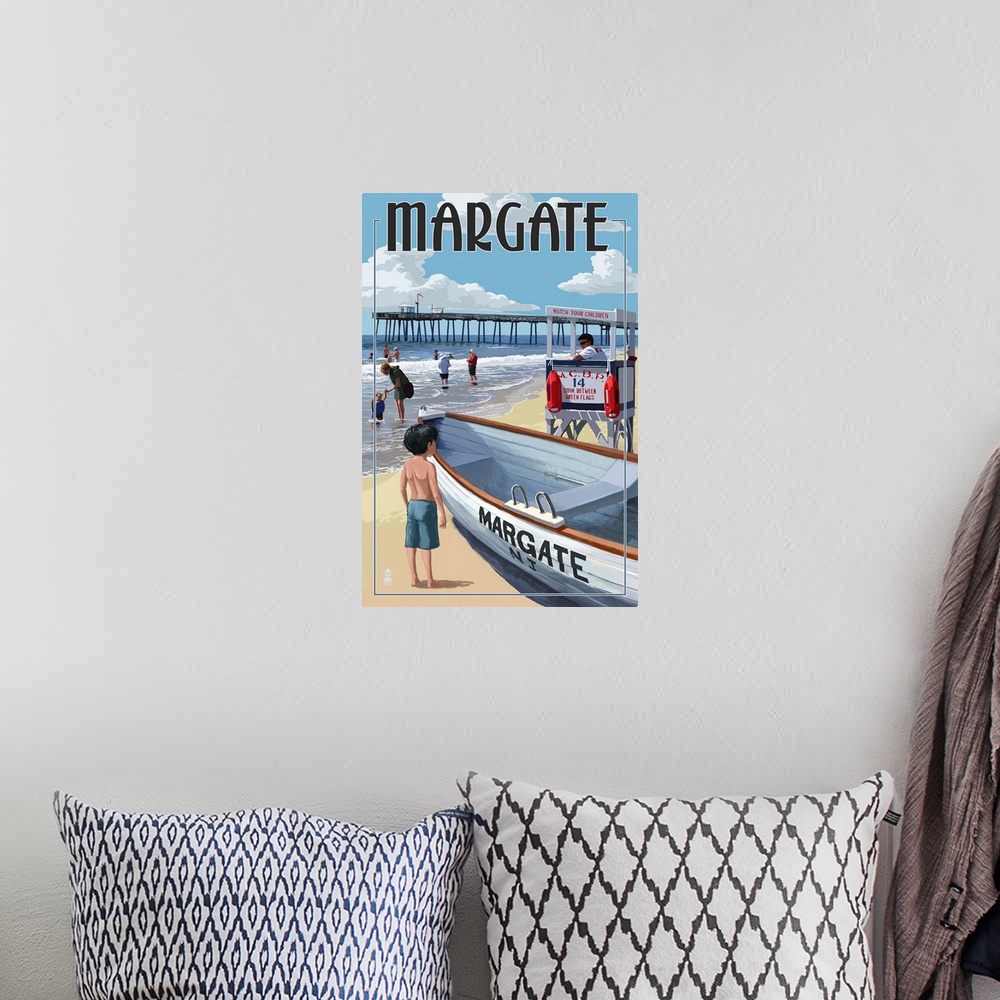 A bohemian room featuring Margate, New Jersey - Lifeguard Stand: Retro Travel Poster