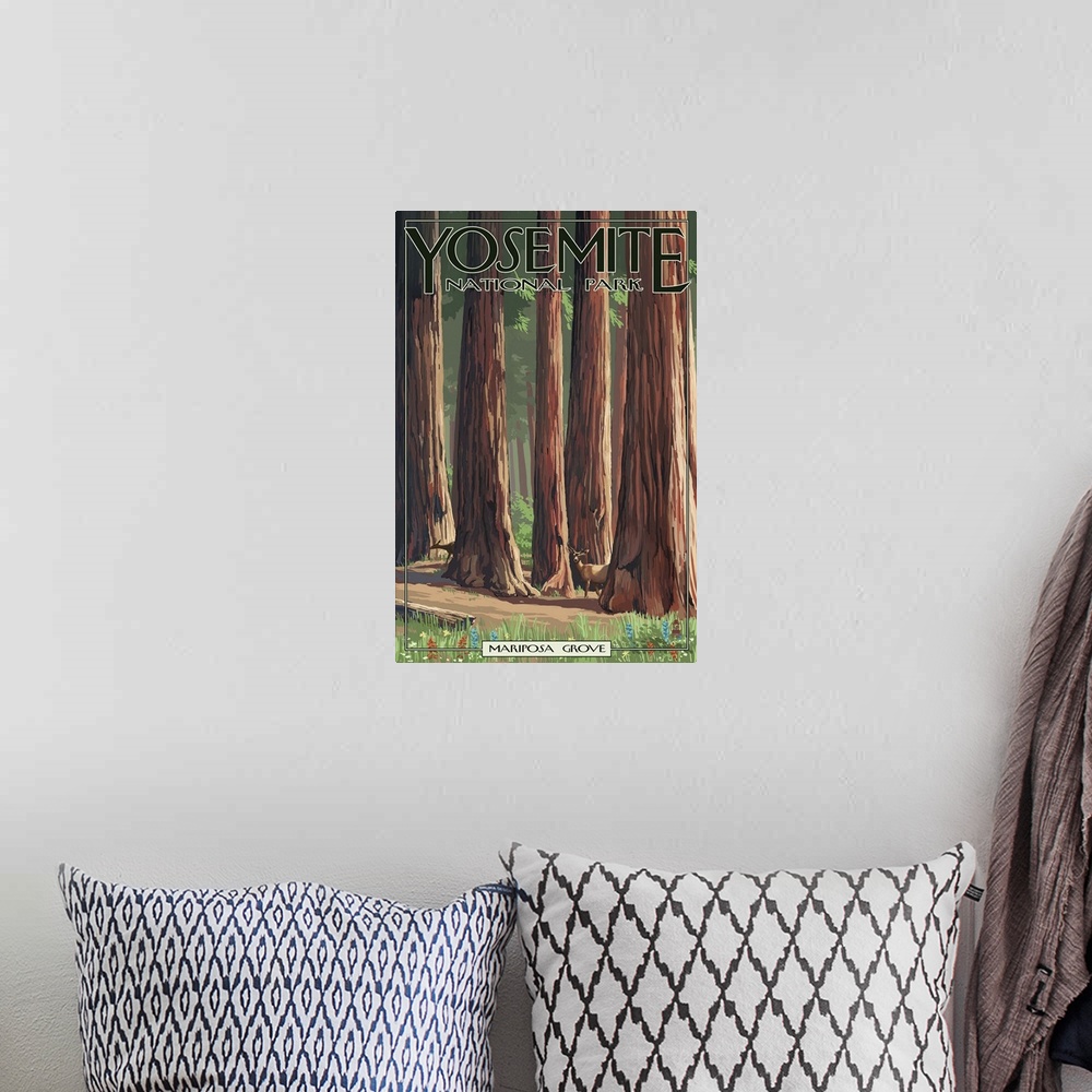 A bohemian room featuring Mariposa Grove - Yosemite National Park, California: Retro Travel Poster