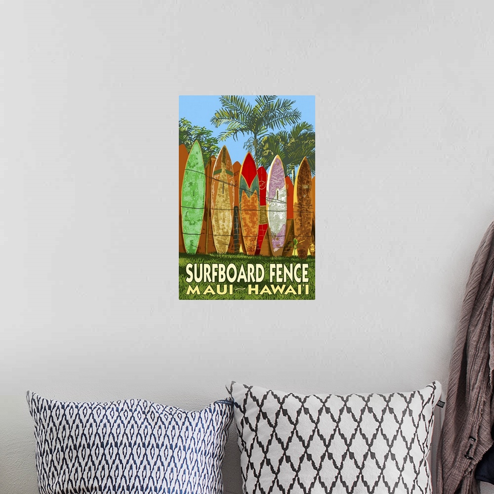 A bohemian room featuring Maui, Hawaii - Surfboard Fence: Retro Travel Poster