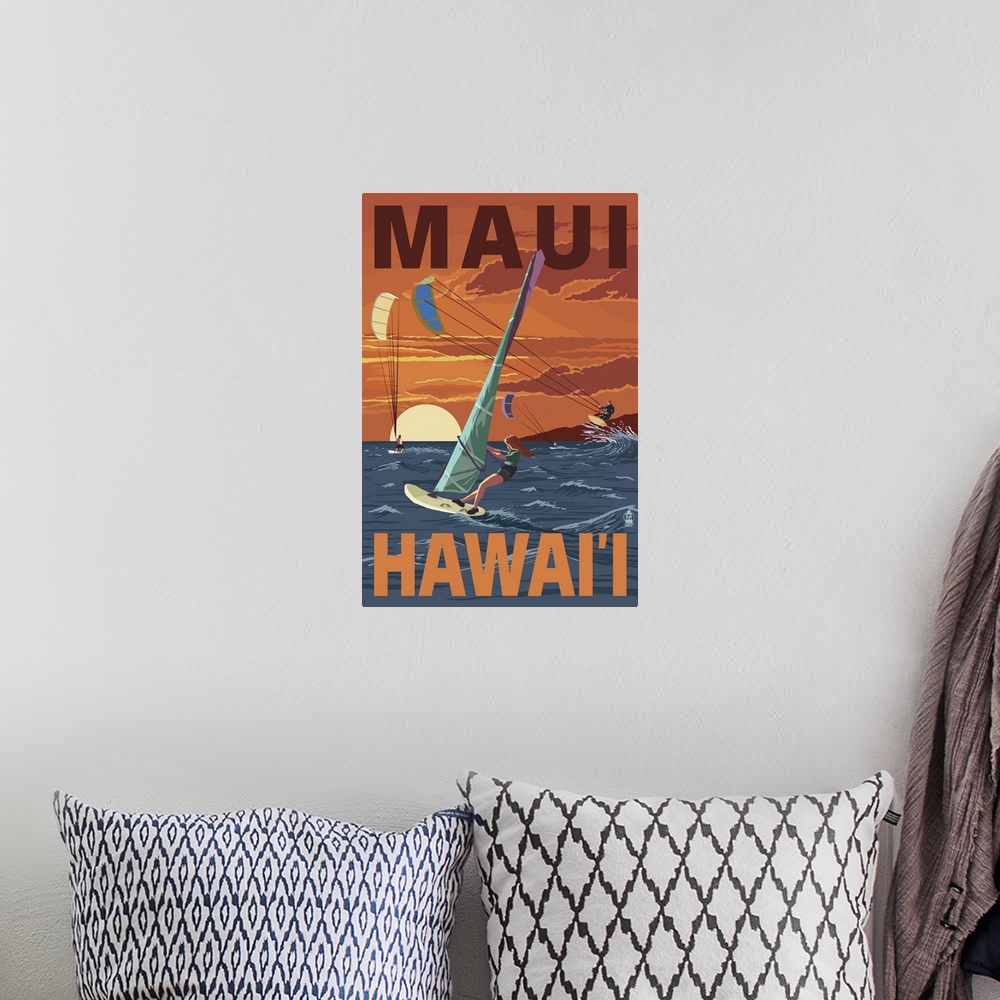 A bohemian room featuring Maui, Hawaii - Windsurfers Scene at Sunset: Retro Travel Poster