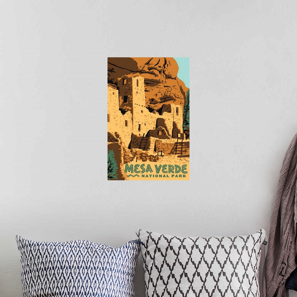 A bohemian room featuring Mesa Verde National Park, Ancient Cliff Dwellings: Graphic Travel Poster